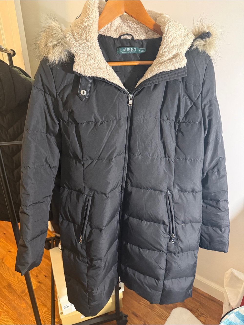 Lauren Ralph Lauren Black Quilted Puffer Coat with Faux-Fur Trimmed Hood